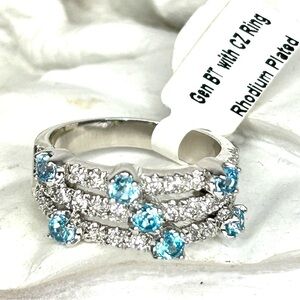 New Rhodium Plated Ring Blue with Clear CZ size 7.75